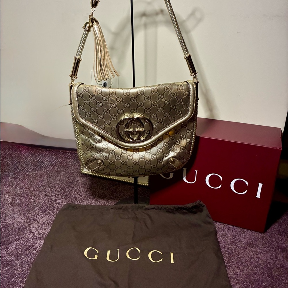 Gucci Britt Tassel Flap Bag Guccissima Metallic Gold w Tassel, dust bag and box